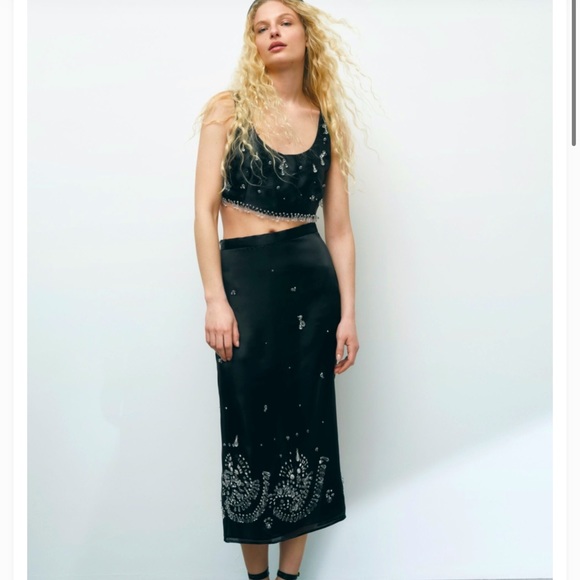 Zara Skirts Zara Limited Edition Black Satin Effect Rhinestones